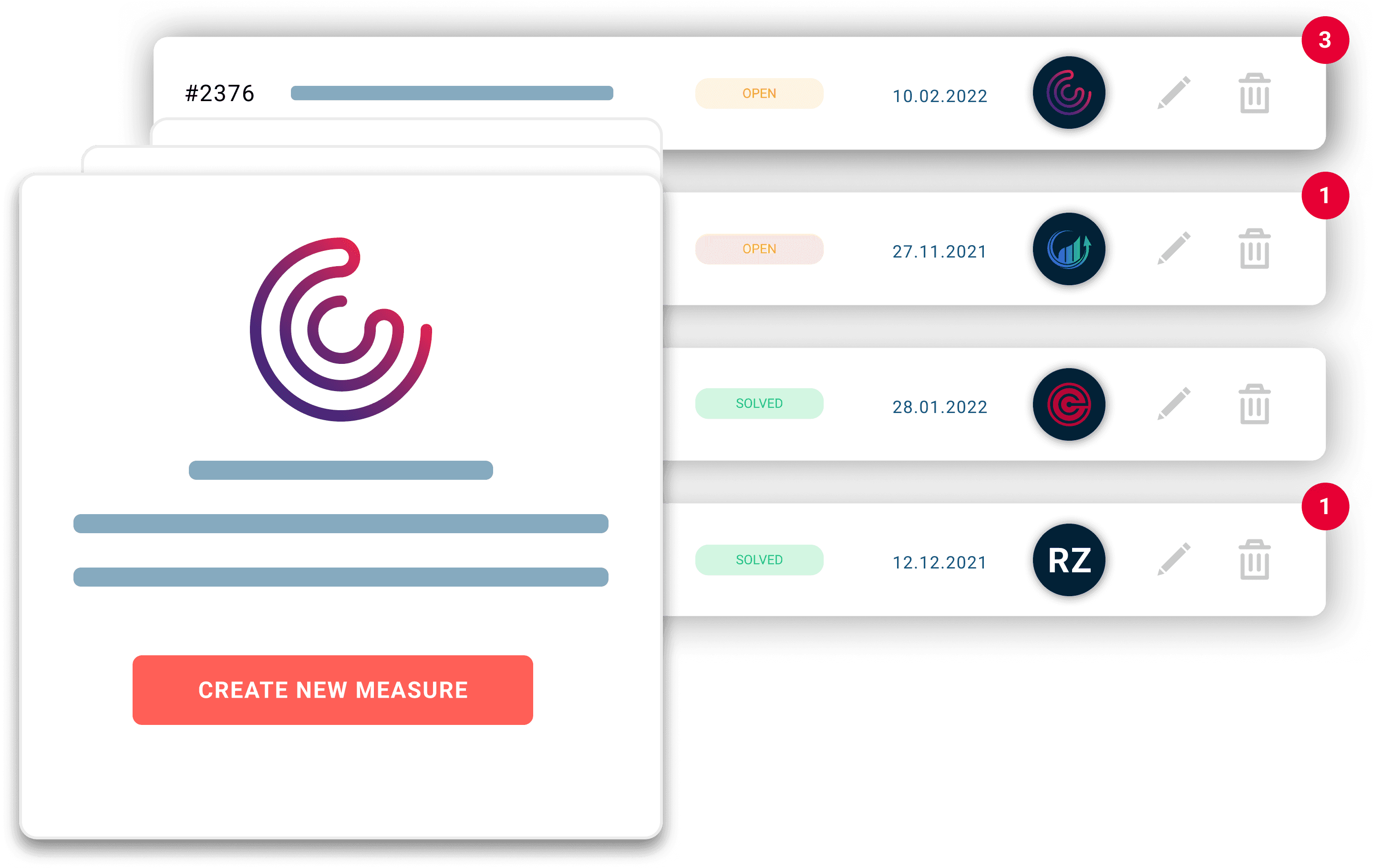 The image shows a digital interface displaying a dashboard with a prominent red "Create New Measure" button below a section labeled "#2376," and at the right, a sidebar lists various entries denoting their status (open or solved) alongside icons and dates, ranging from 2021 to 2022.