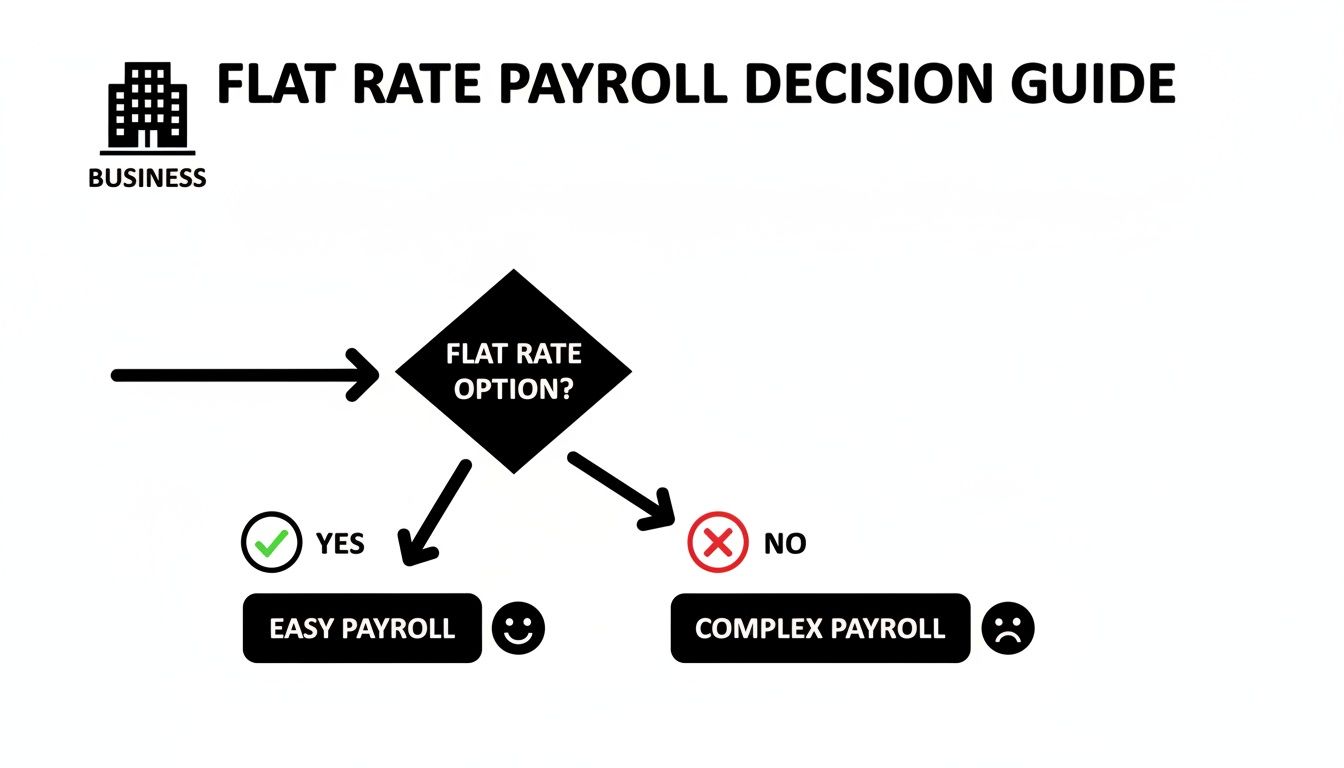 A flowchart guides businesses through flat rate payroll decisions, leading to easy or complex payroll outcomes.