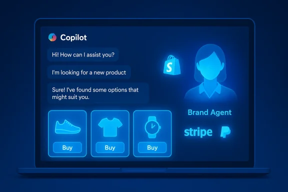 Laptop-Bildschirm mit einem digitalen Assistenten, Chattext und Produktoptionen zum Kaufen; blaue Symbole für Shopify, Stripe und PayPal.