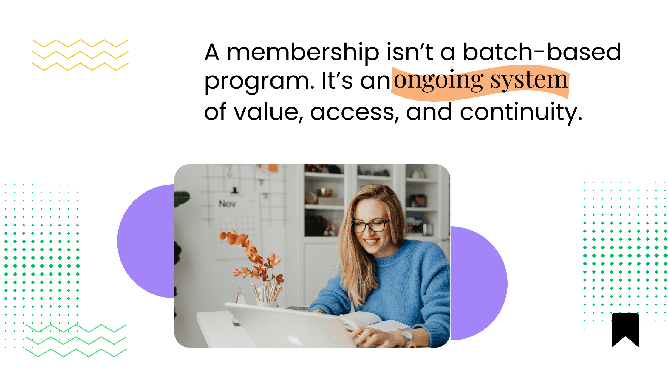 Coach smiling while working on a laptop at home, illustrating memberships as ongoing systems of value, access, and continuity.