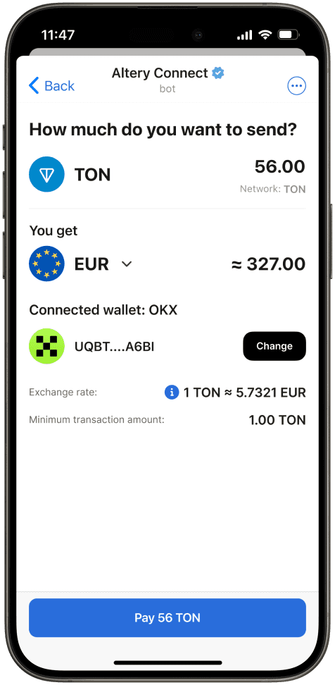 User interface on Altery Connect showing seamless conversion between fiat currencies and crypto tokens for bank card cash out