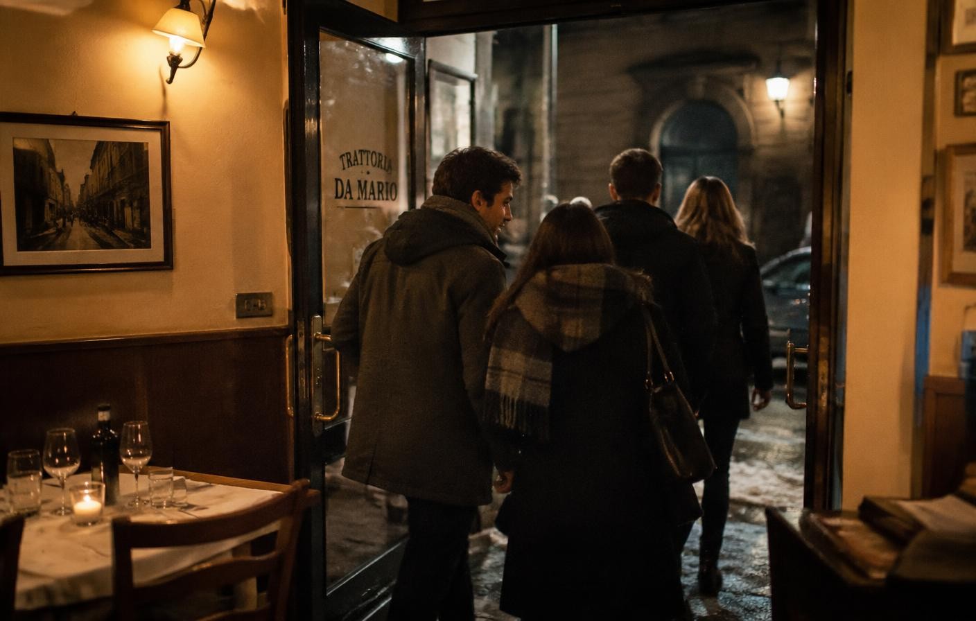 Un gruppo di clienti esce dalla porta di una trattoria illuminata in una sera d'inverno