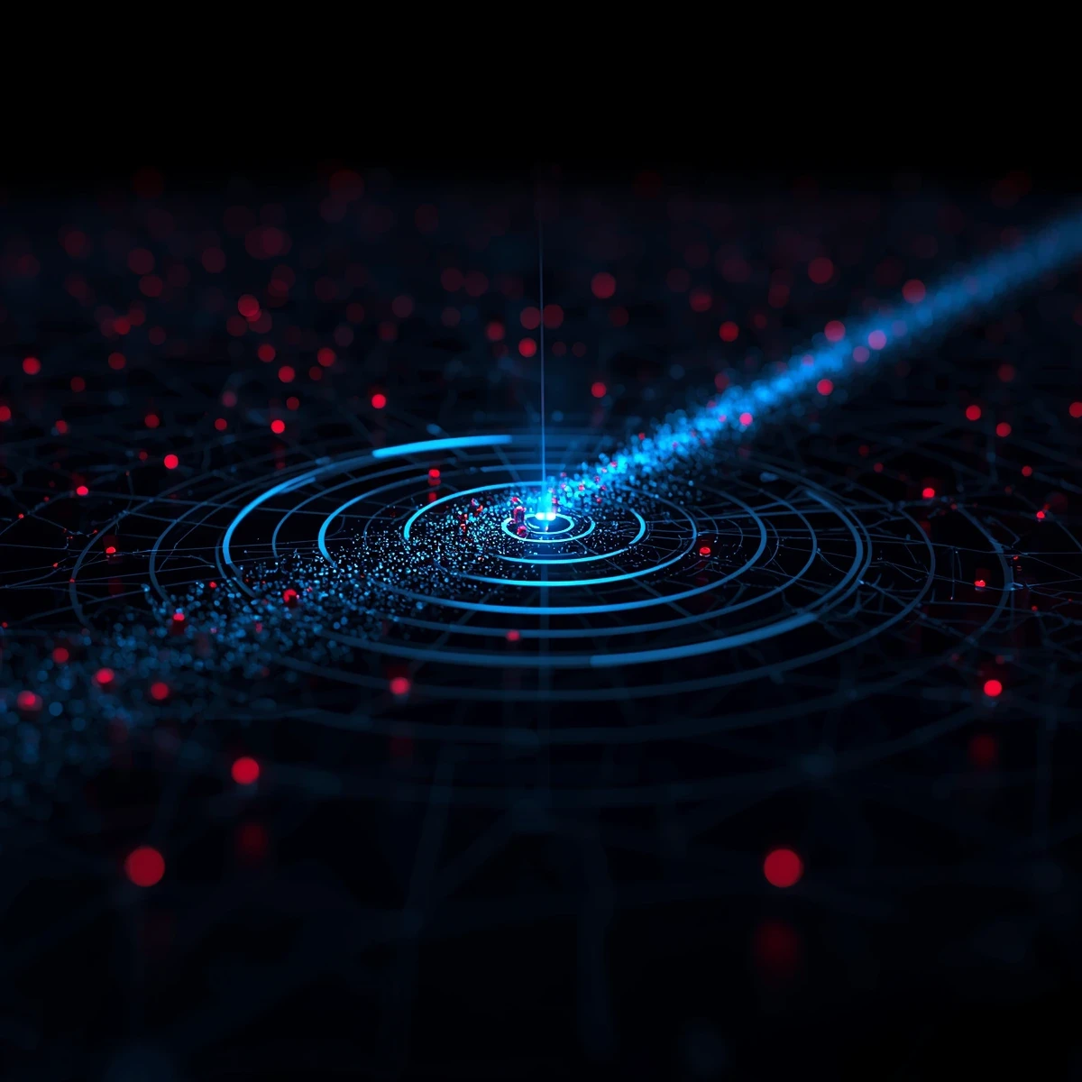 Abstract 3D visualization showing competitive activity tracking and threat detection on a retail grid.