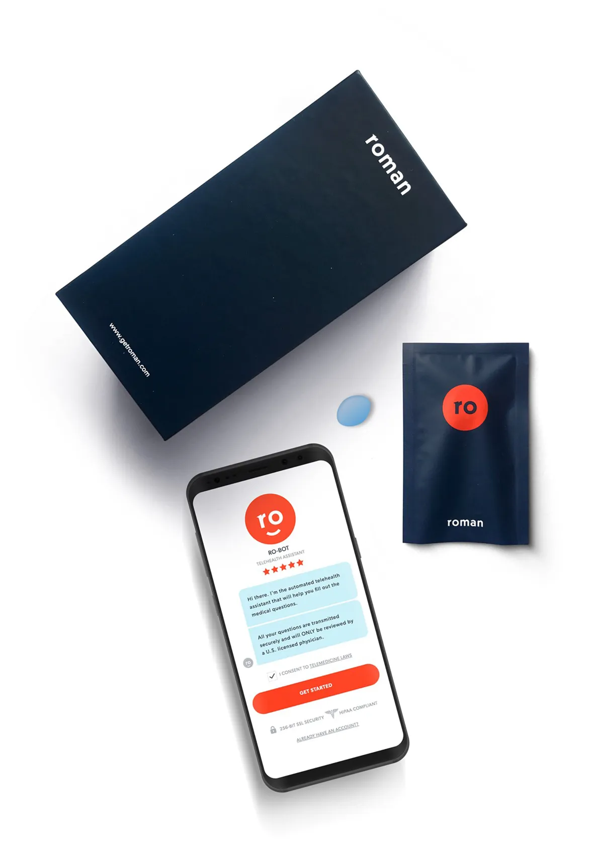 Ro healthcare packaging box, medication pouch, pill, and smartphone displaying the Ro app