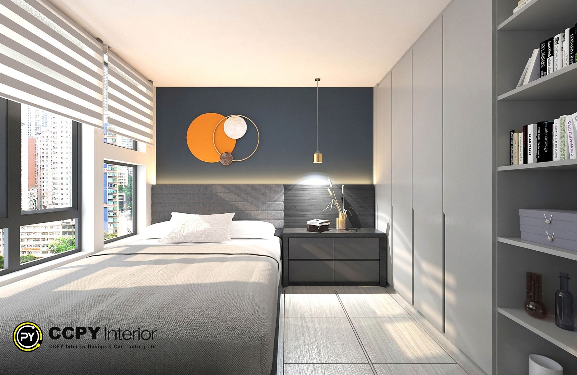Modern bedroom with large window and artwork.