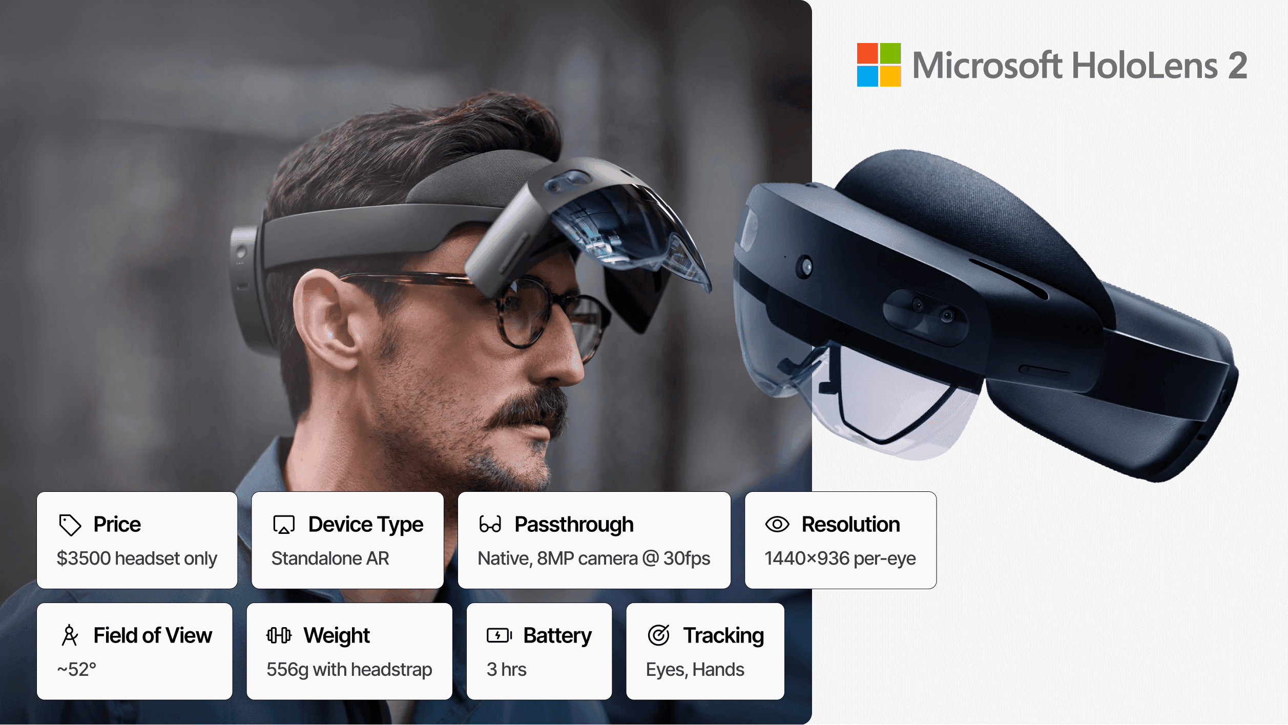Microsoft HoloLens 2 industrial headset displayed with a breakdown of key device metrics and pricing.