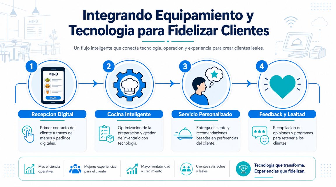 Diagrama de flujo empresarial que muestra la integración de tecnología y equipamiento para mejorar la fidelización de clientes.