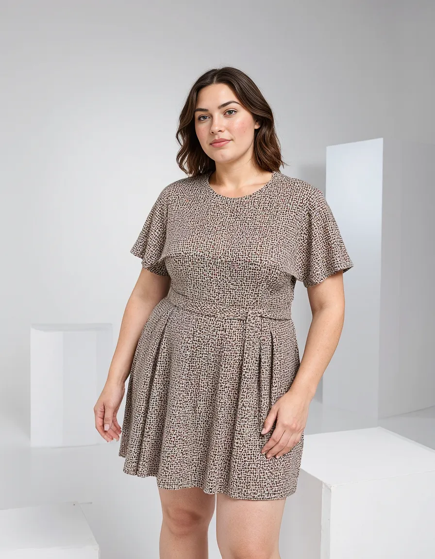 Fashion photography featuring a pleated patterned dress in beige with short sleeves, displayed against a minimal white studio background.