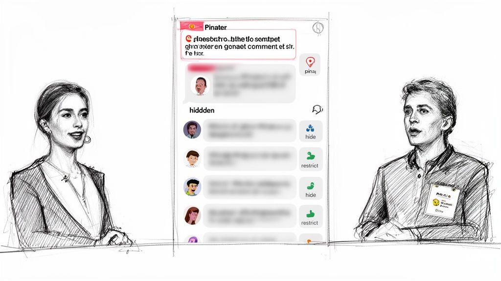 Two people are sketched watching a phone screen showing social media comment moderation features.