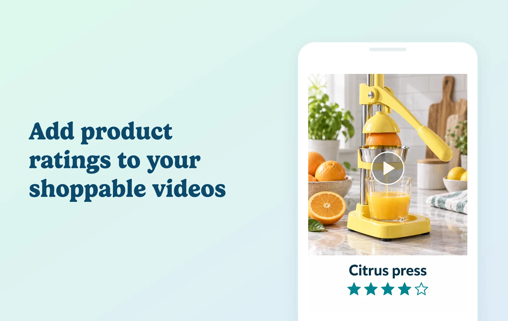Judge.me and Moast integration: illustration of a shoppable video of a citrus juicer with the matching product name and star rating inside a phone.