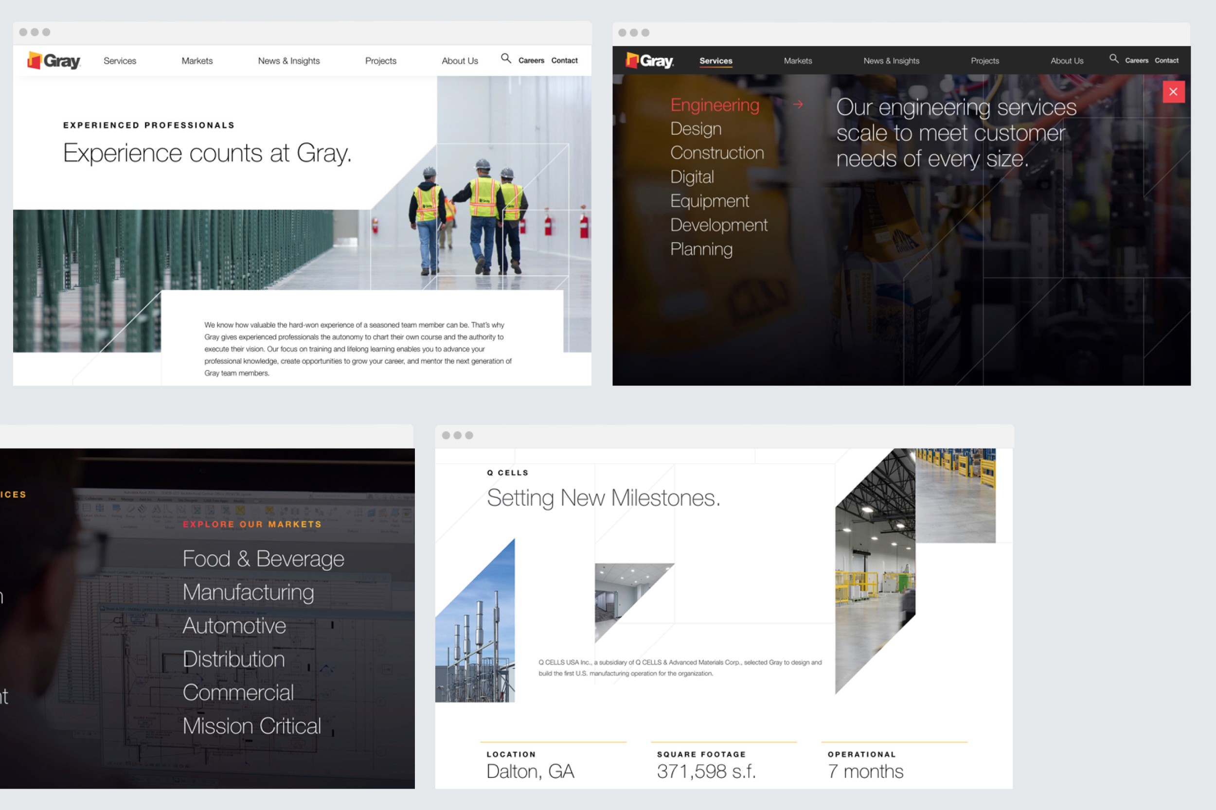 desktop views, services flyout, project case study template