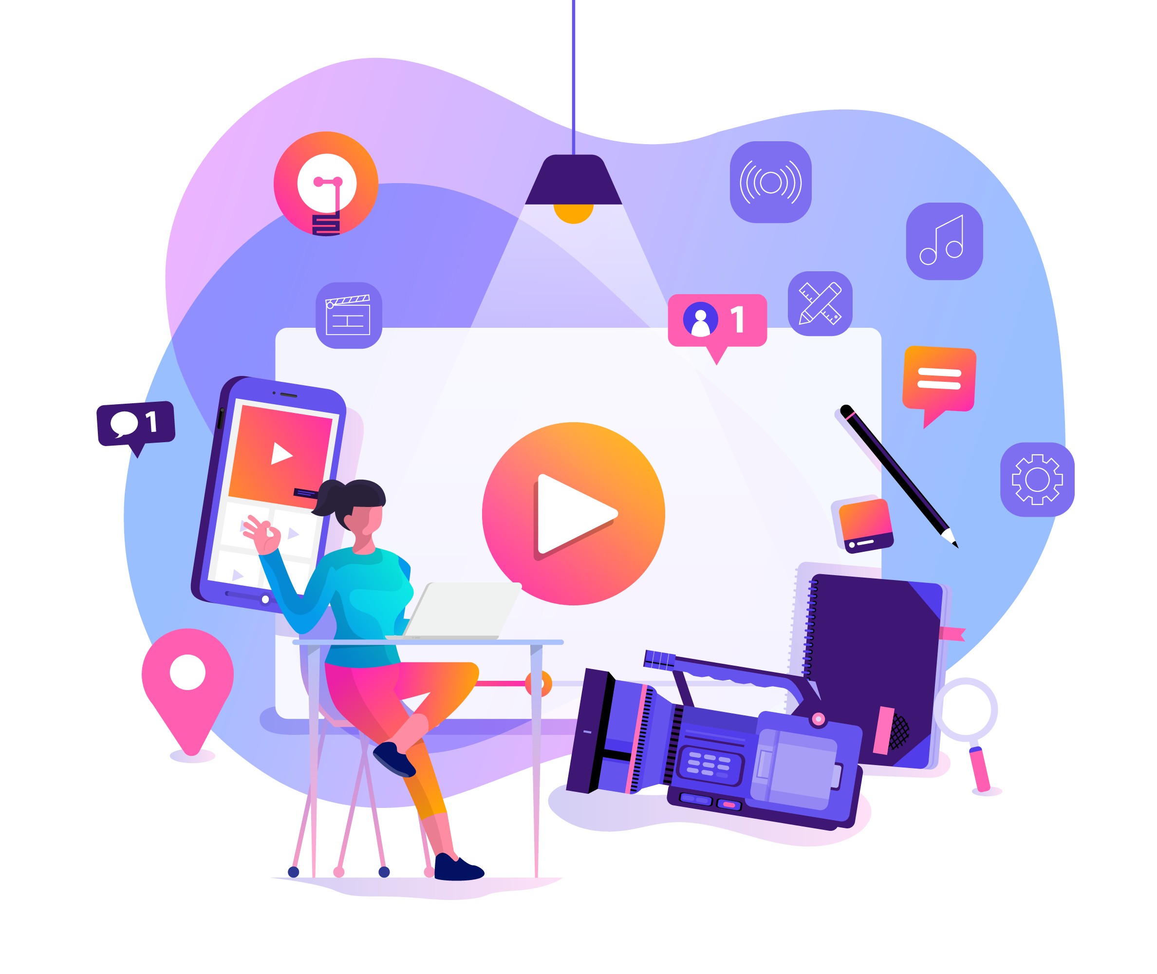 Illustration of a content creator managing video and social media campaigns across multiple platforms.