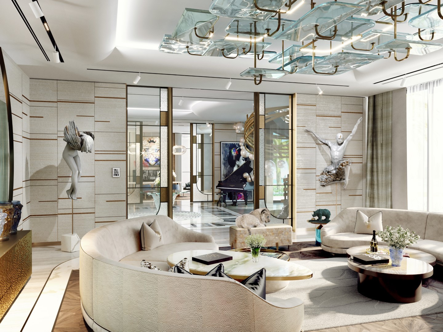 A luxurious, modern living room features a blend of contemporary and classic design elements, including curved beige sofas, a glass-topped coffee table, elegant art pieces, sculptural wall accents, and a unique ceiling installation with glass and metallic components, all bathed in natural light from large windows.