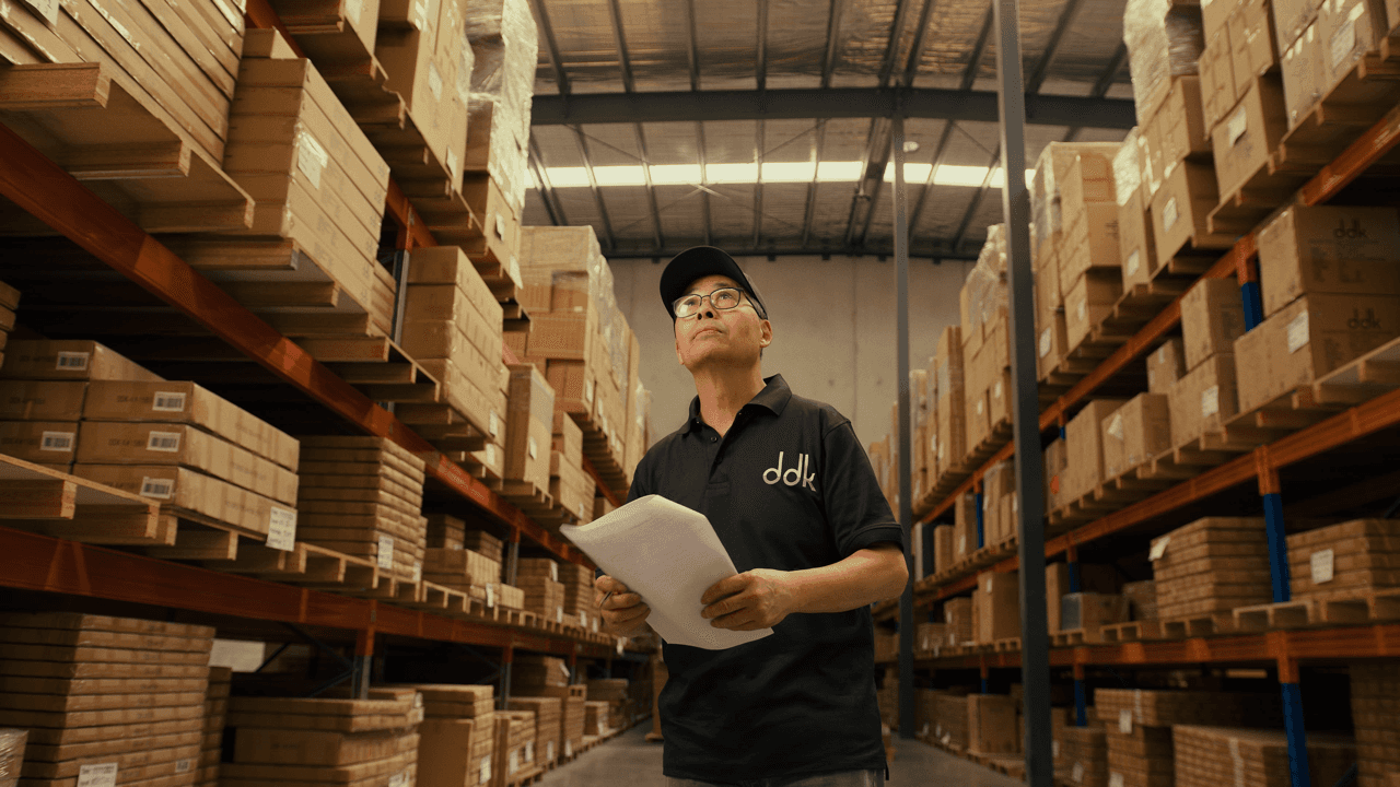 A person between storage shelves in a large warehouse