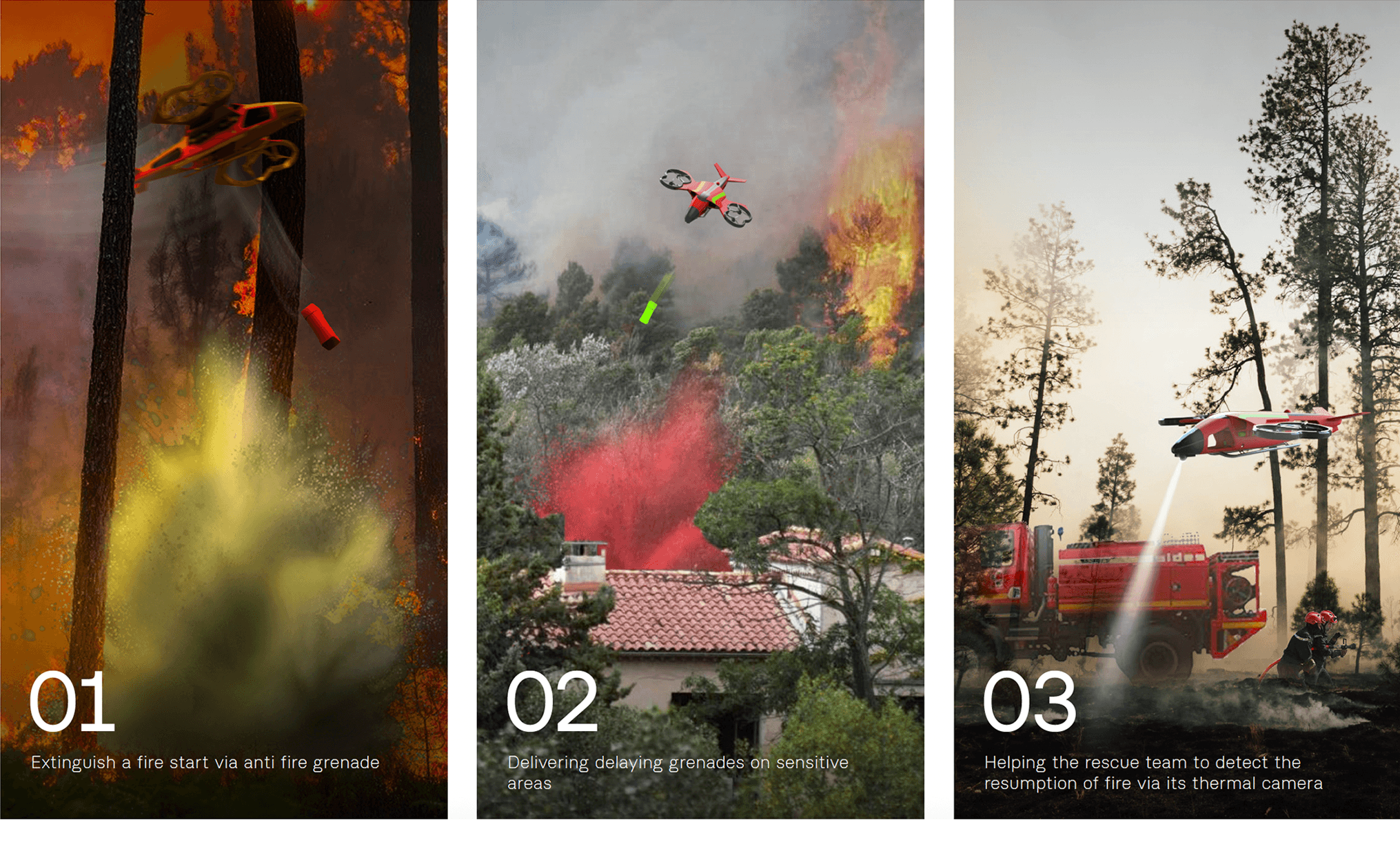 Three-panel storyboard showing the firefighting drone's capabilities in action, from dropping a fire suppression grenade to helping ground crews locate hotspots.