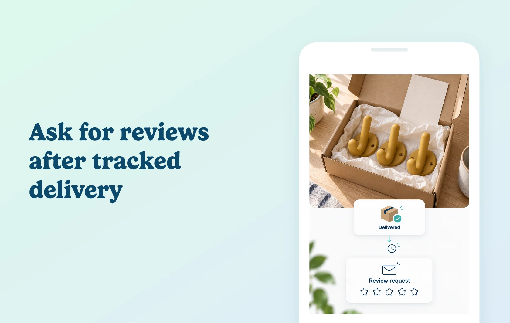 Judge.me and AfterShip integration: illustration of a delivered wall-hook parcel leading to a scheduled review-request email inside a phone.