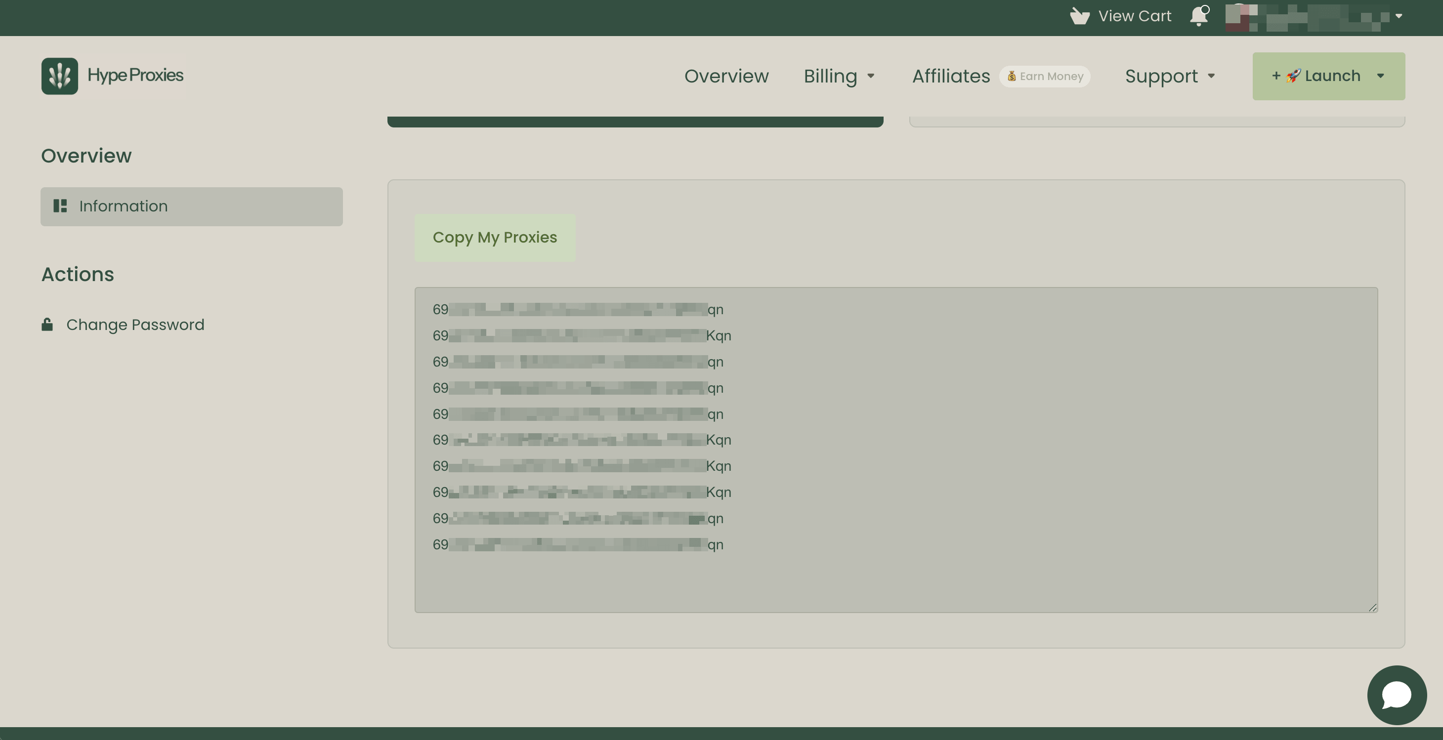 The HypeProxies dashboard. The "Copy My Proxies" button gives the full list in IP:PORT:USERNAME:PASSWORD format, ready for the PROXIES list in config.py.