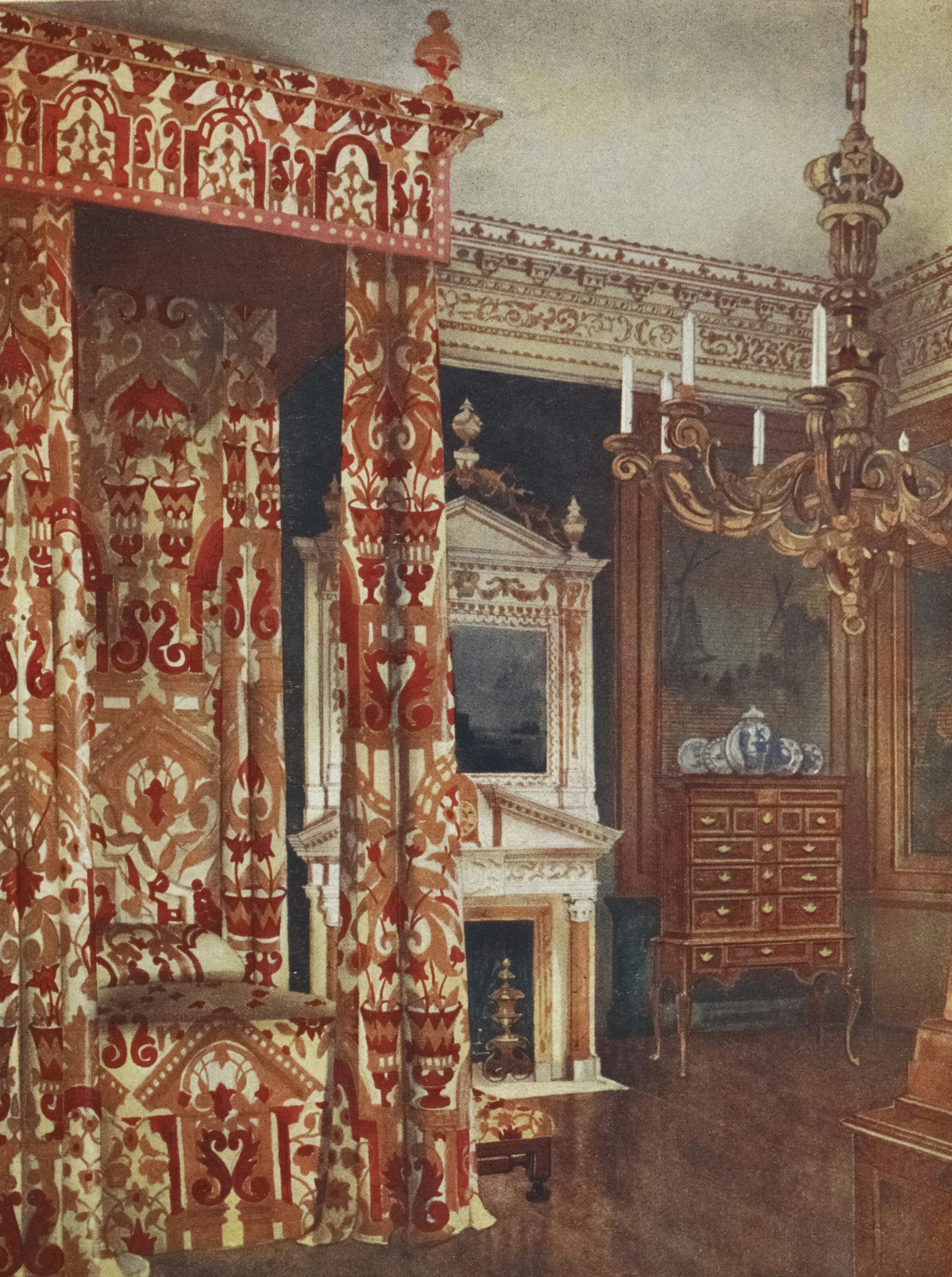 The Miriam and Ira D. Wallach Division of Art, Prints and Photographs: Art & Architecture Collection, The New York Public Library. "Queen Anne's bed. Hampton Court Palce. Chest of drawers upon stand, property of Viscountess Wolseley. Wooden candleabra, property of Sir Spencer Ponsonby Fane." The New York Public Library Digital Collections. 1910 - 1911. https://digitalcollections.nypl.org/items/510d47e4-6d8b-a3d9-e040-e00a18064a99