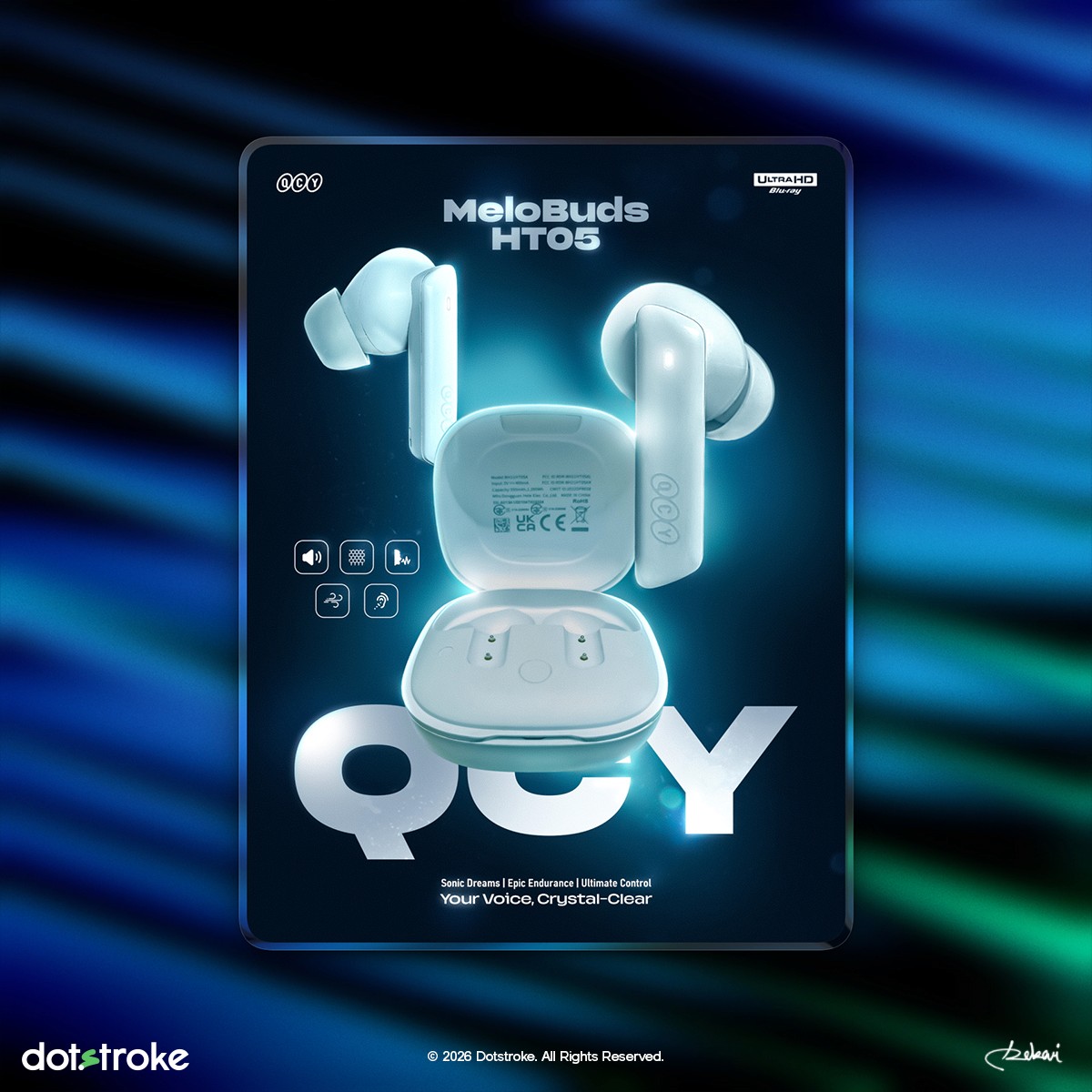 QCY HT05 Melobuds ANC wireless earbuds product manipulation poster design by dotstroke