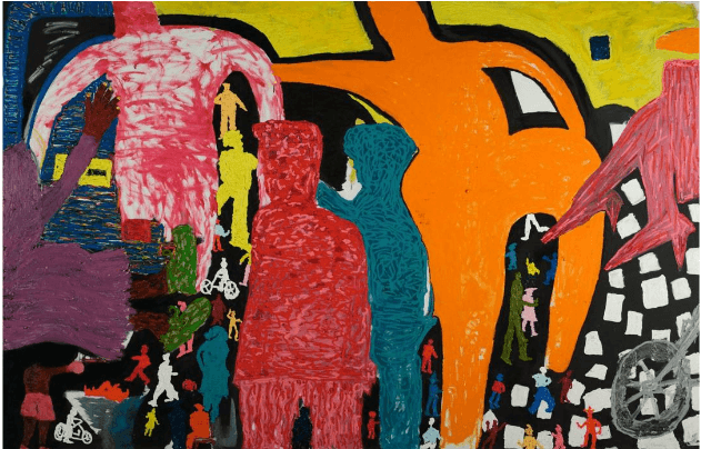 Gabriel Selassie Tsagli, Rave, 2026. [wall colour and oil on canvas, 240 x 360 cm] Courtesy the artist and Gallery 1957.