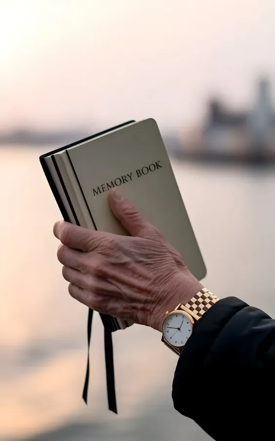 A book in a old lady's hand with a gold watch.