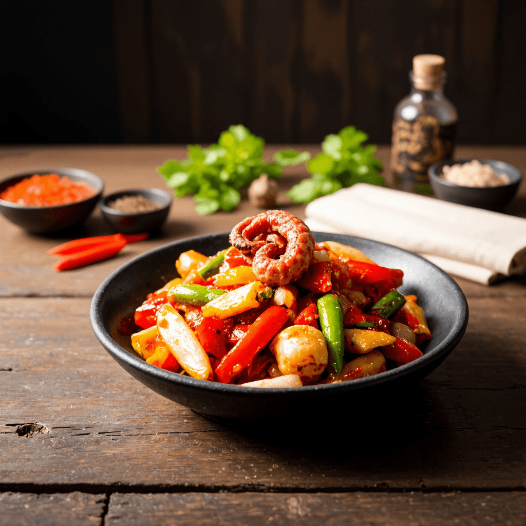 product photography of a plate of spicy stir-fried seafood with vegetables