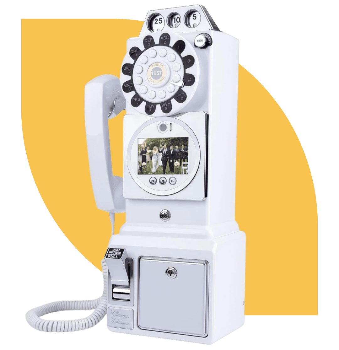 Image of a white audio guestbook. It looks like an old payphone.