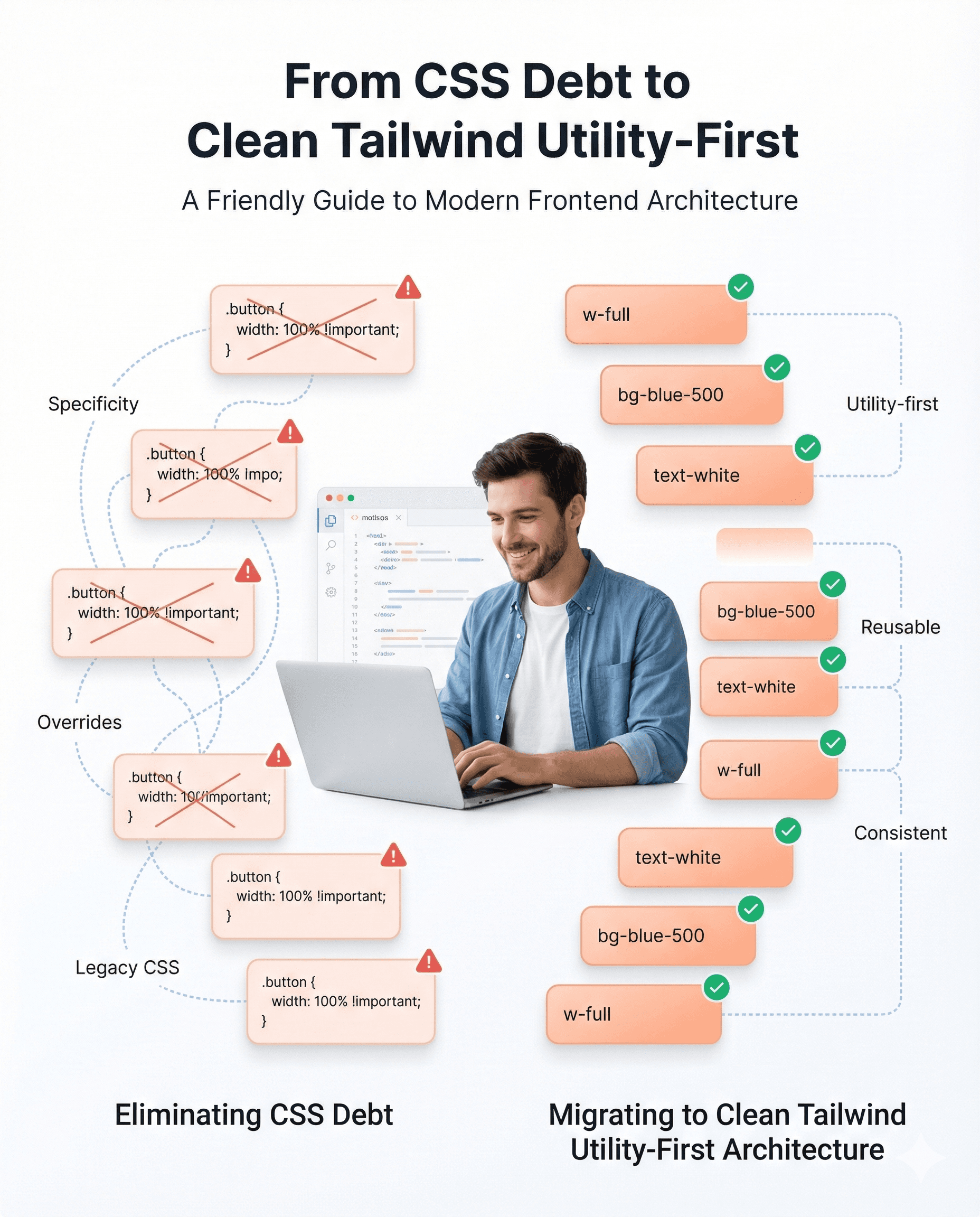 “Comparison illustration showing messy legacy CSS specificity conflicts transforming into a structured Tailwind utility-first design system.”