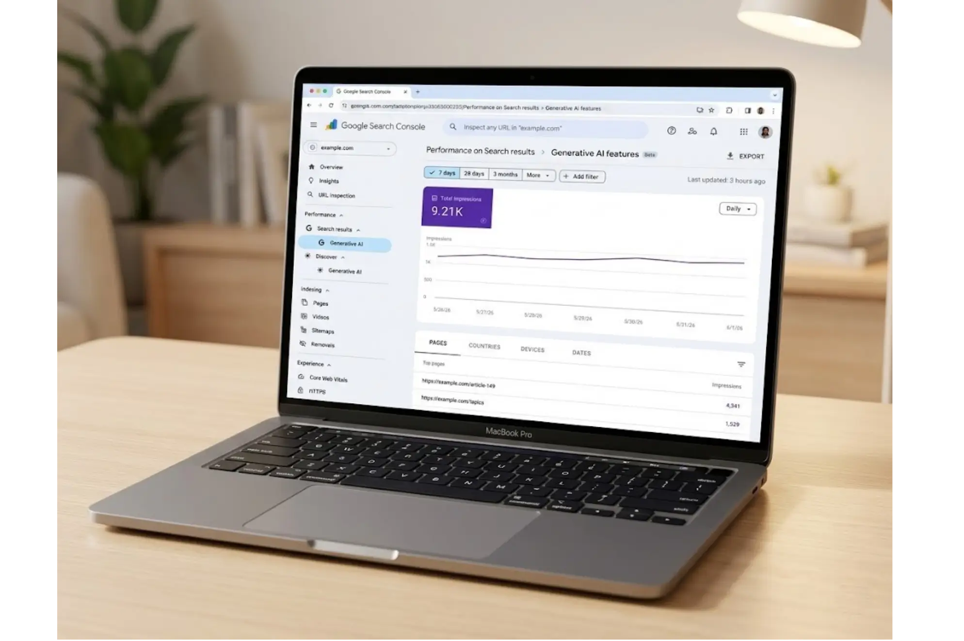 MacBook Pro displaying Google Search Console Generative AI performance report on a desk.