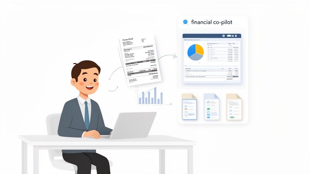 A man utilizes a financial co-pilot application on his laptop for automated accounting tasks and reports.