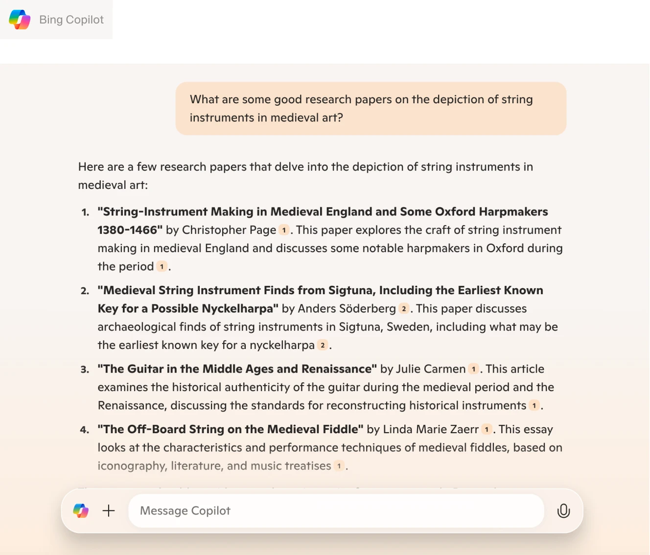 A Bing Copilot response listing research papers on medieval string instruments. The structured output provides study titles, authors, and summaries, covering topics like instrument craftsmanship, archaeological finds, and historical authenticity.