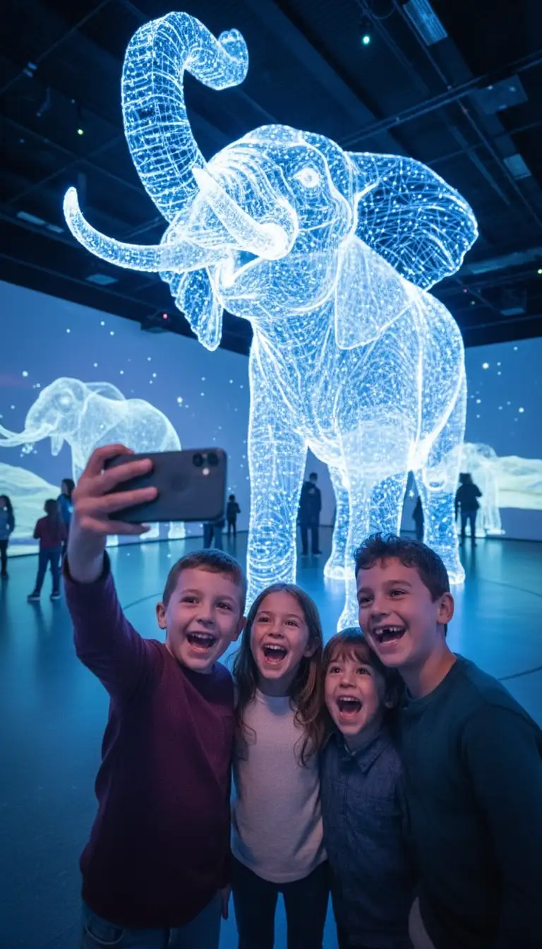 Une famille joyeuse, bouche ouverte, prend un selfie devant un hologramme réaliste de dinosaure menaçant au Hologram Zoo.