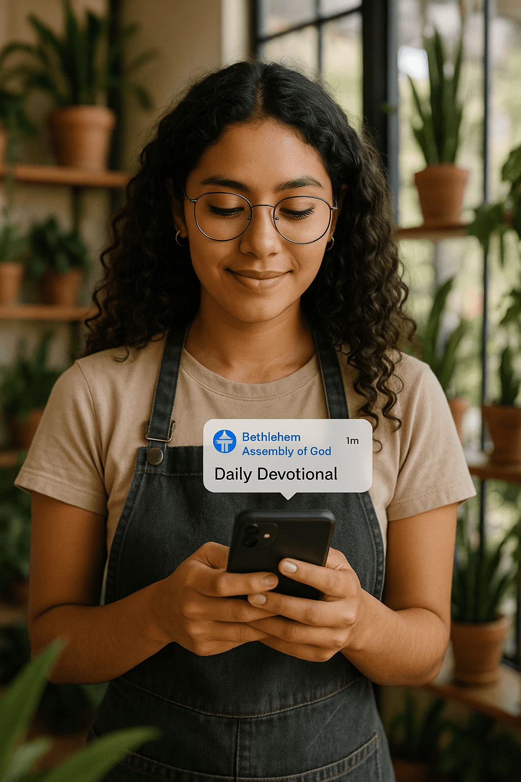 A young woman with curly hair and glasses smiles warmly while sitting in a sunlit room filled with various potted plants, creating a cozy and inviting atmosphere.
