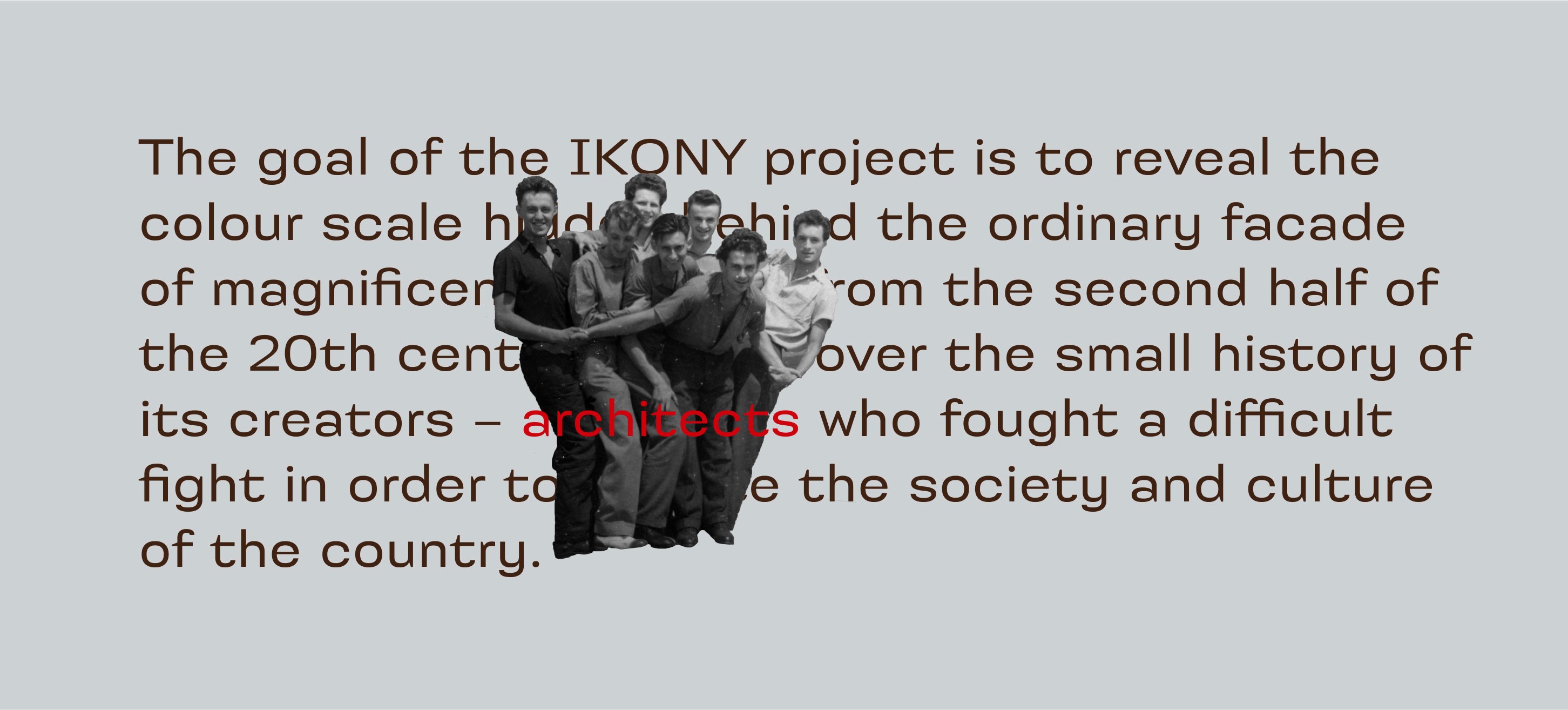 Screenshot from Ikony.tv showing the typographic layout with an archival photograph of architects revealed on hover