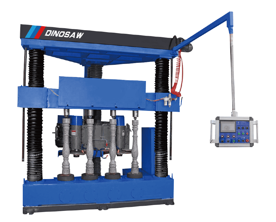 Vertical 4 Pillars Baluster Cutting Machine by Dinosaw, featuring an isosceles trapezoid structure and dual control systems (PLC and CNC) for efficient processing of revolving stone parts.