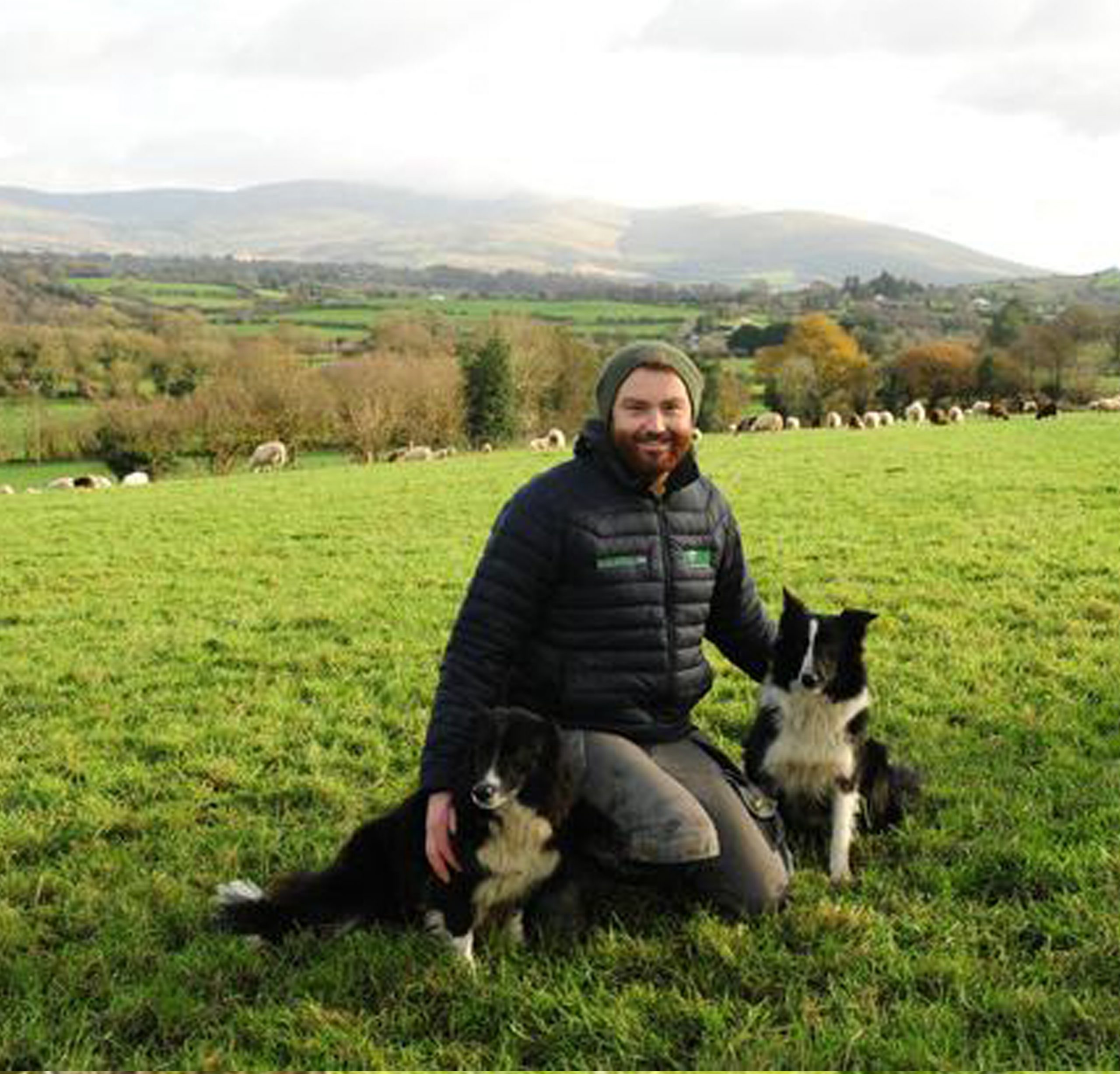 Owner of Ballyhubbock Farm standing besides his Dogs