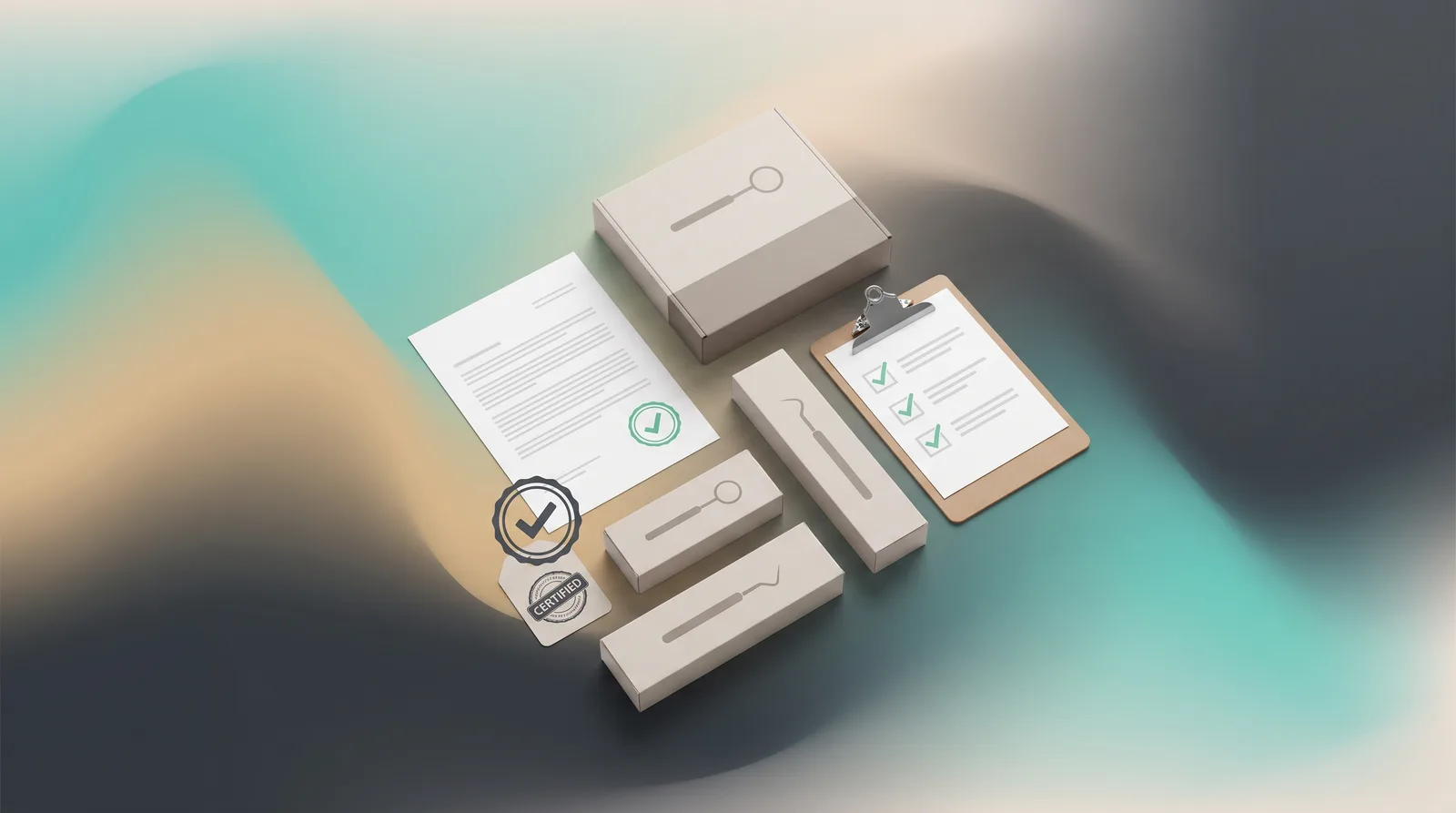 Dental Supplies Trading License in Dubai beside product packaging and an approval stamp