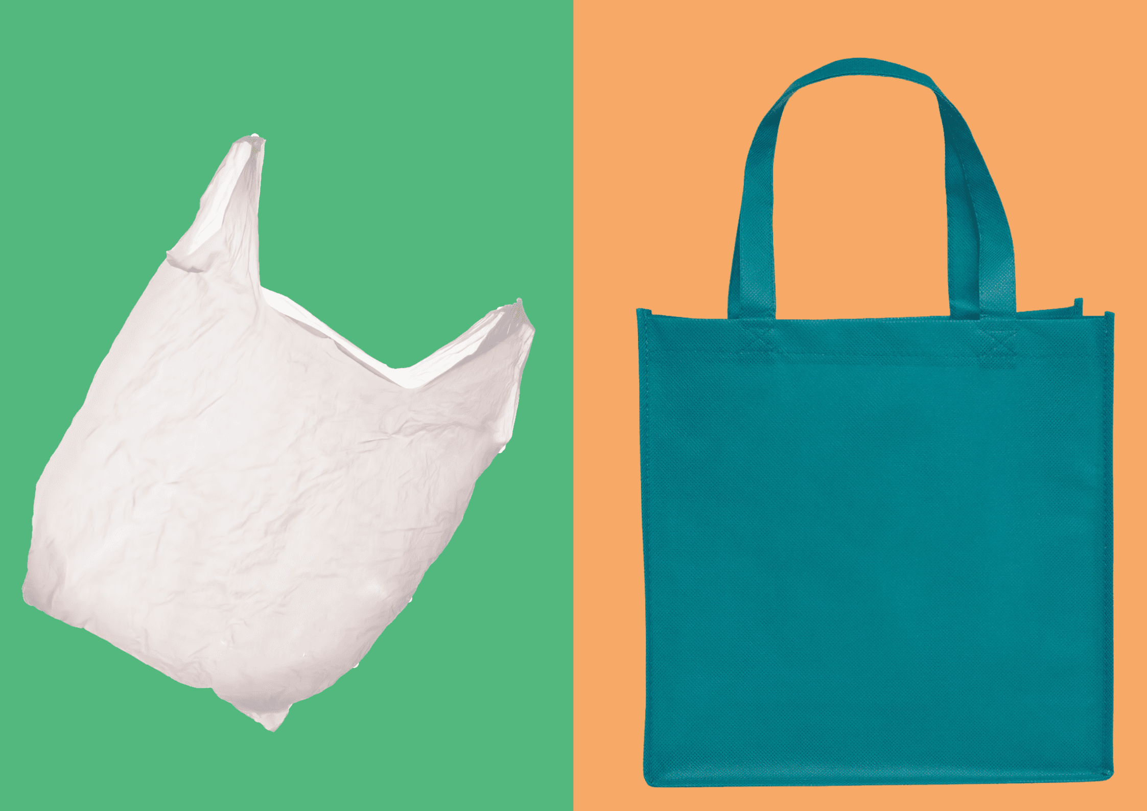 image of traditional virgin plastic bag vs a reusable non-woven rPET OCEOS packaging tote bag