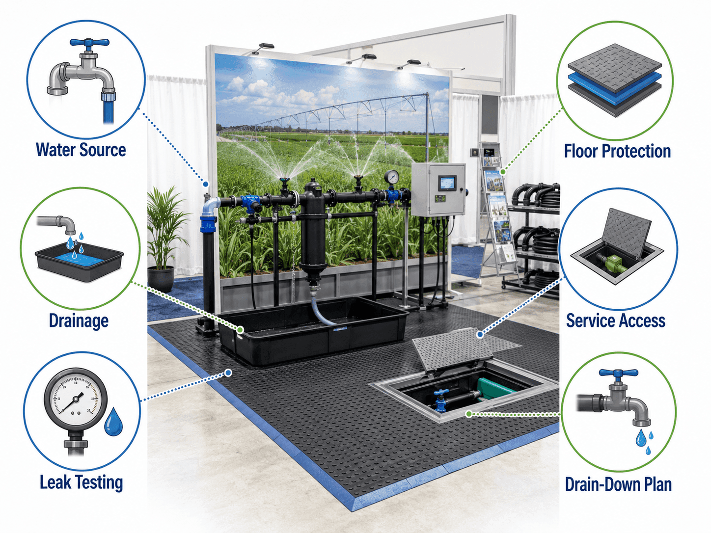 Irrigation equipment demo planning for water source, drainage, leak testing, floor protection, service access and drain-down