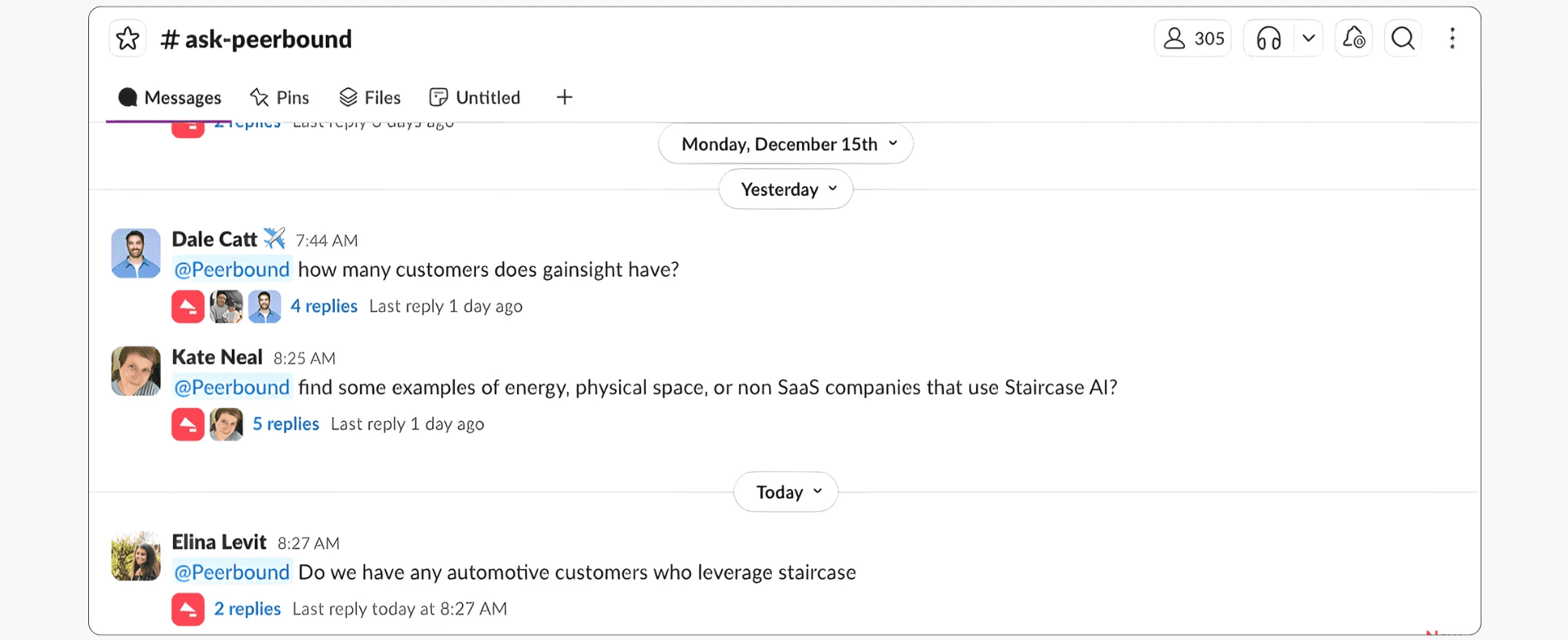 Peerbound's Slack app allows sales to ask for specific customer proof directly, and it has become one of the most utilized channels at Gainsight.