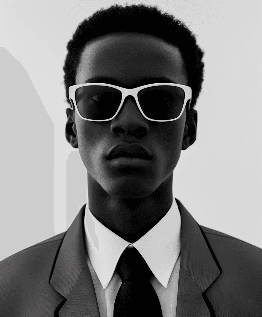 A person wearing stylish white sunglasses and a sharp suit poses confidently against a plain background, showcasing modern fashion and elegance.