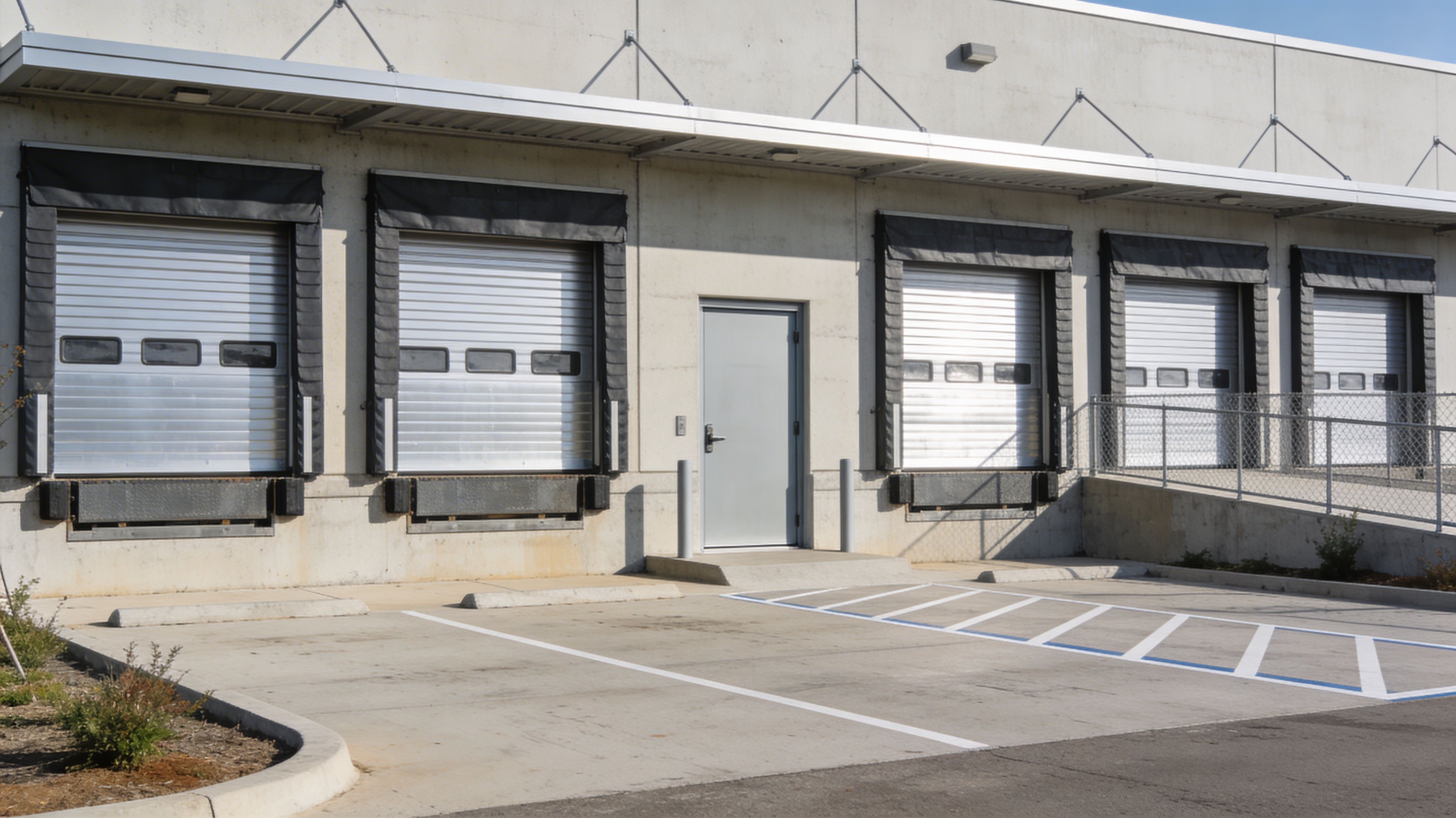 Exterior loading dock facade with multiple shutter doors and parking area in a commercial warehouse