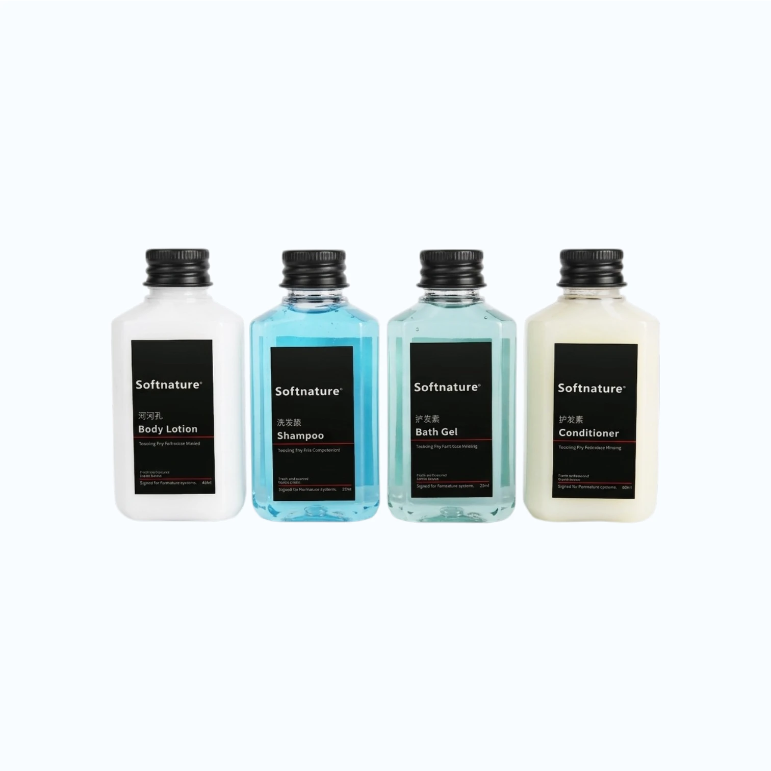 Portable travel toiletries set including hand wash and dish soap in a transparent carry bag, ideal for retail supermarket shelves and travel essentials section.