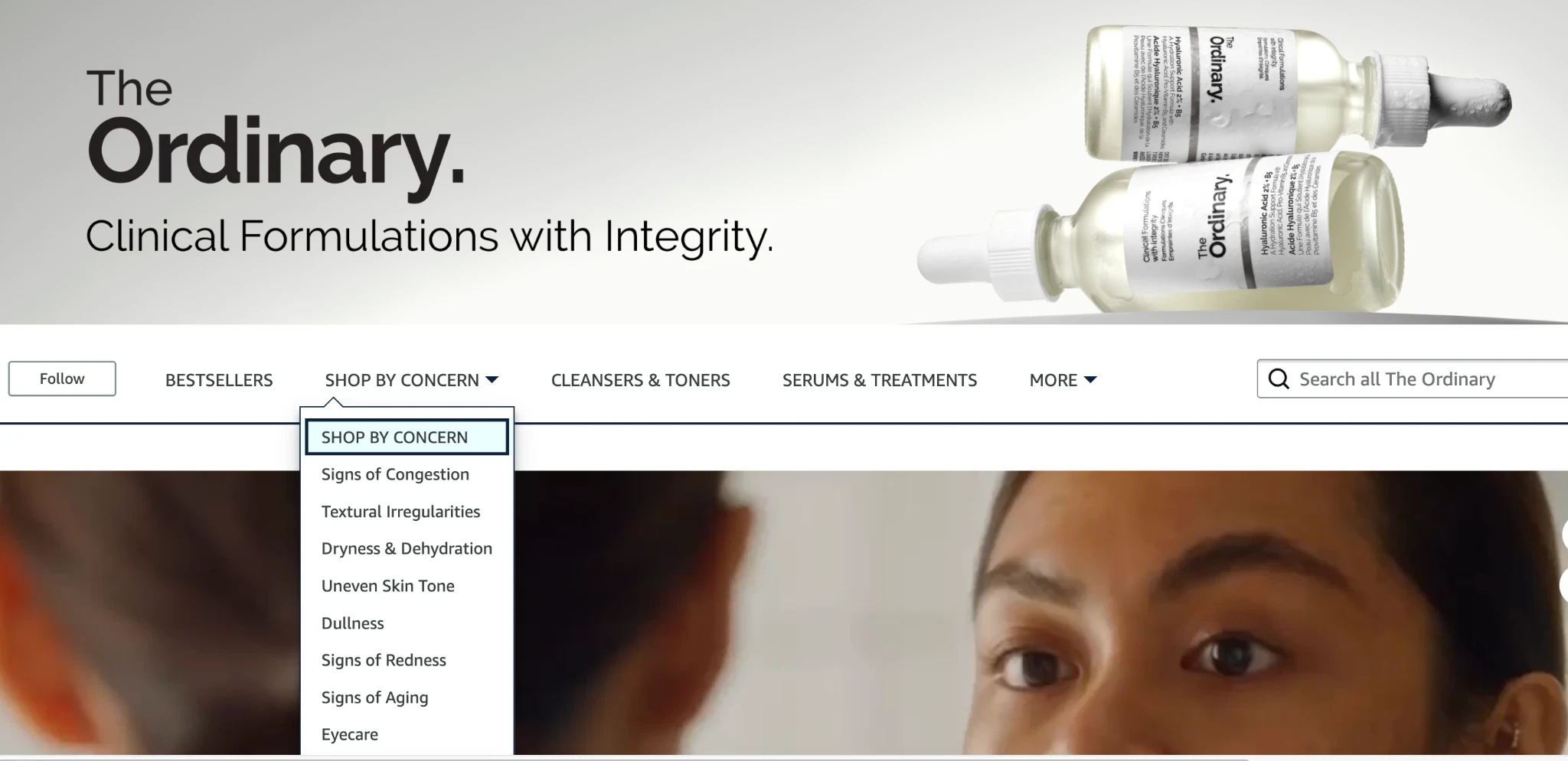 The Ordinary Amazon storefront design with customer-focused skincare navigation