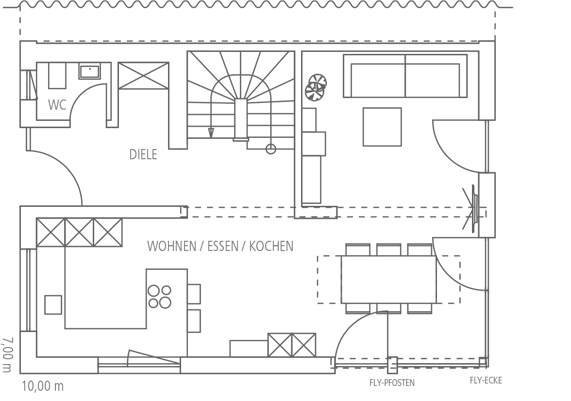 Grundriss des Erdgeschosses mit Eingangsbereich (Diele), WC, offener Wohnen/Essen/Kochen-Zone, Treppenhaus und Wohnbereich.