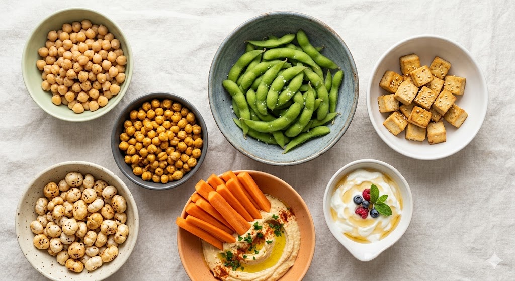 A clean overhead flat lay photograph featuring a curated selection of nutritious Indian-inspired vegetarian night snacks on a neutral fabric background. Clockwise from top left: a light blue bowl of cooked chickpeas, a light blue bowl of roasted chana (chickpeas), a large blue bowl of salted edamame pods, a small white bowl of baked tofu cubes, a small white bowl of Greek yogurt with berries and honey, a central terracotta bowl of hummus with carrot sticks, and a bottom-left beige bowl of toasted makhana (fox nuts). The snacks are portion-controlled and styled for freshness and texture, suitable for a premium nutrition blog or health post.