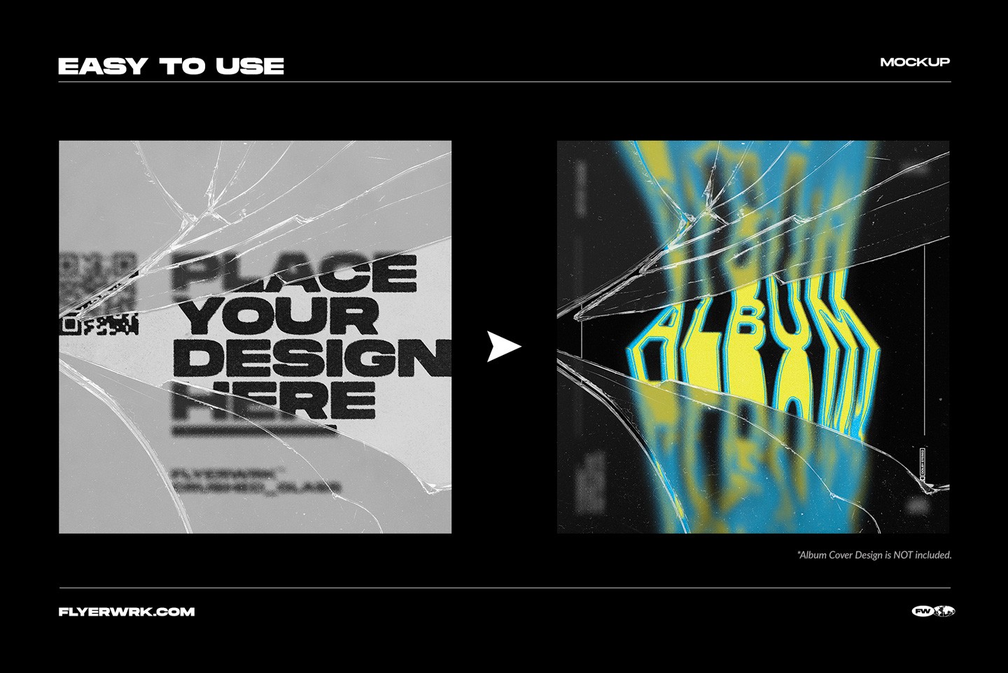 Broken glass textures applied to an album cover design showing realistic glass distortion and cracks