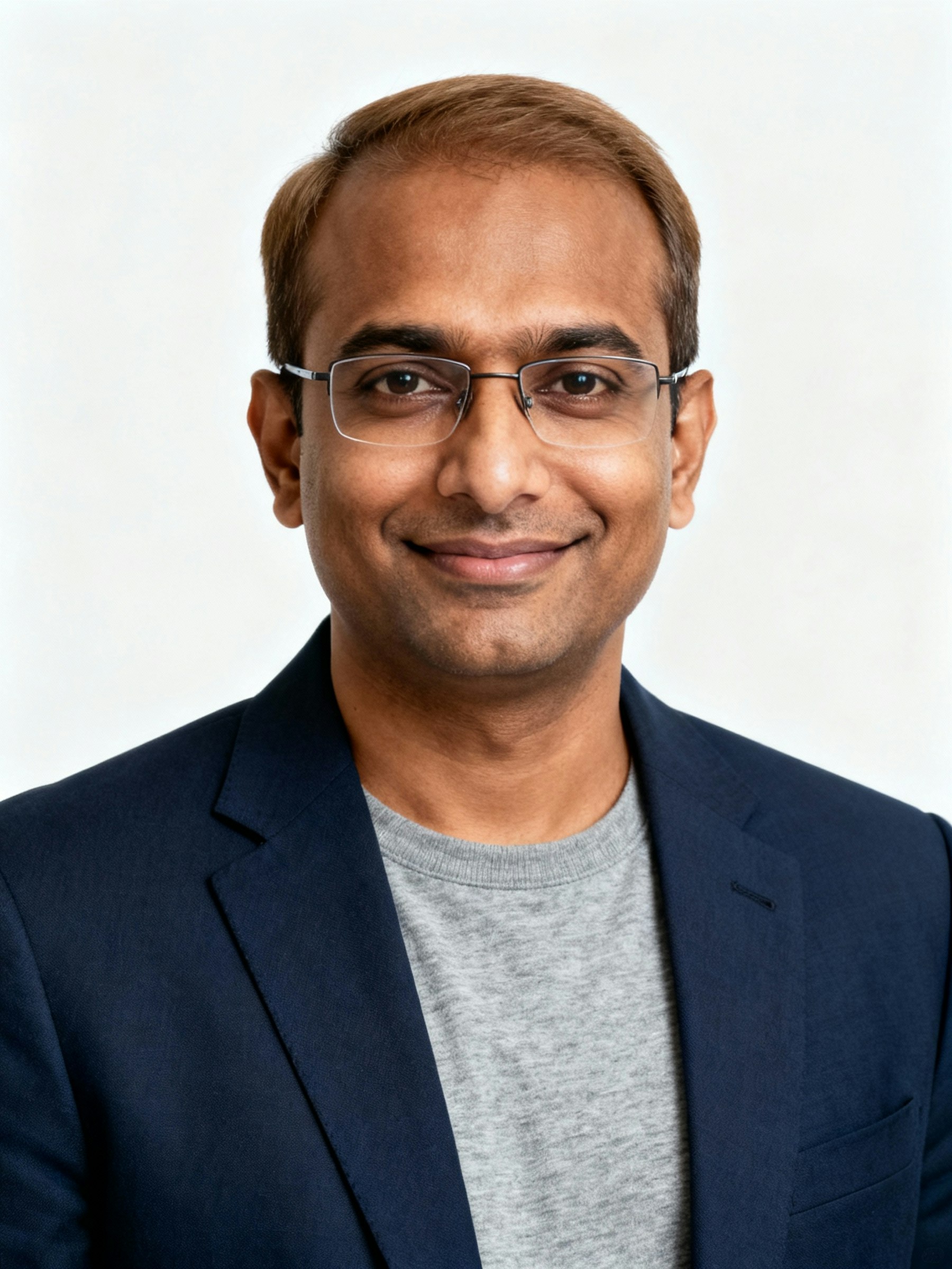 A man in a navy blazer and glasses smiles gently against a light background, exuding a professional yet approachable vibe.