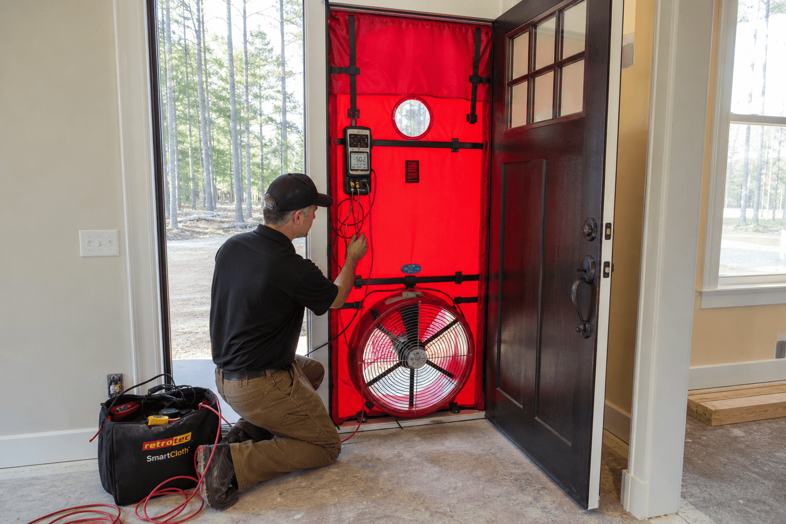 Construction worker conducting a blower door test on a newly framed home to measure air infiltration and energy efficiency