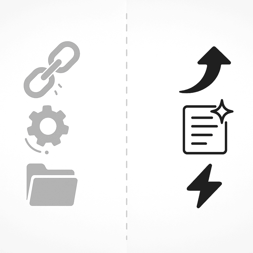 Icons contrast blockers like slow load and thin content with an optimized fast, fresh content path.